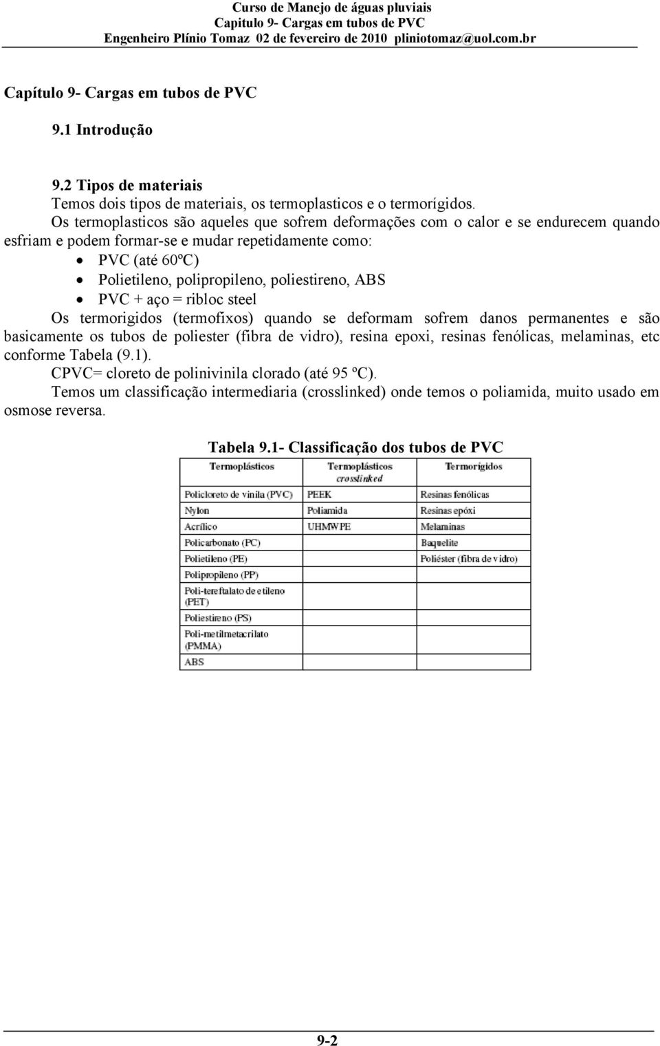 poliestireno, ABS PVC + aço = ribloc steel Os termorigidos (termofixos) quando se deformam sofrem danos permanentes e são basicamente os tubos de poliester (fibra de vidro), resina epoxi,