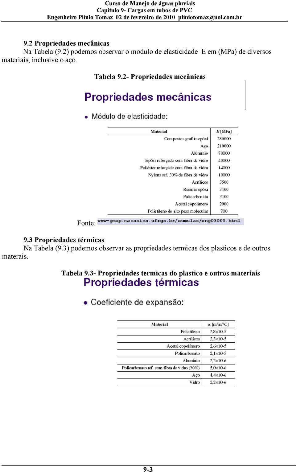 aço. Tabela 9.2- Propriedades mecânicas Fonte: 9.3 Propriedades térmicas Na Tabela (9.