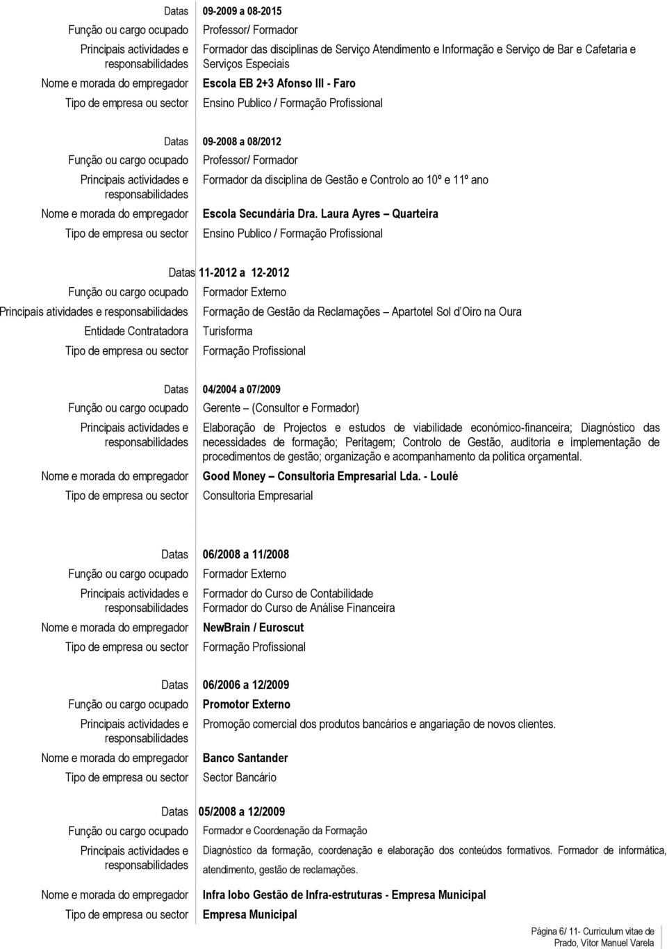 Laura Ayres Quarteira Ensino Publico / Datas 11-2012 a 12-2012 Principais atividades e Formação de Gestão da Reclamações Apartotel Sol d Oiro na Oura Entidade Contratadora Turisforma Datas 04/2004 a