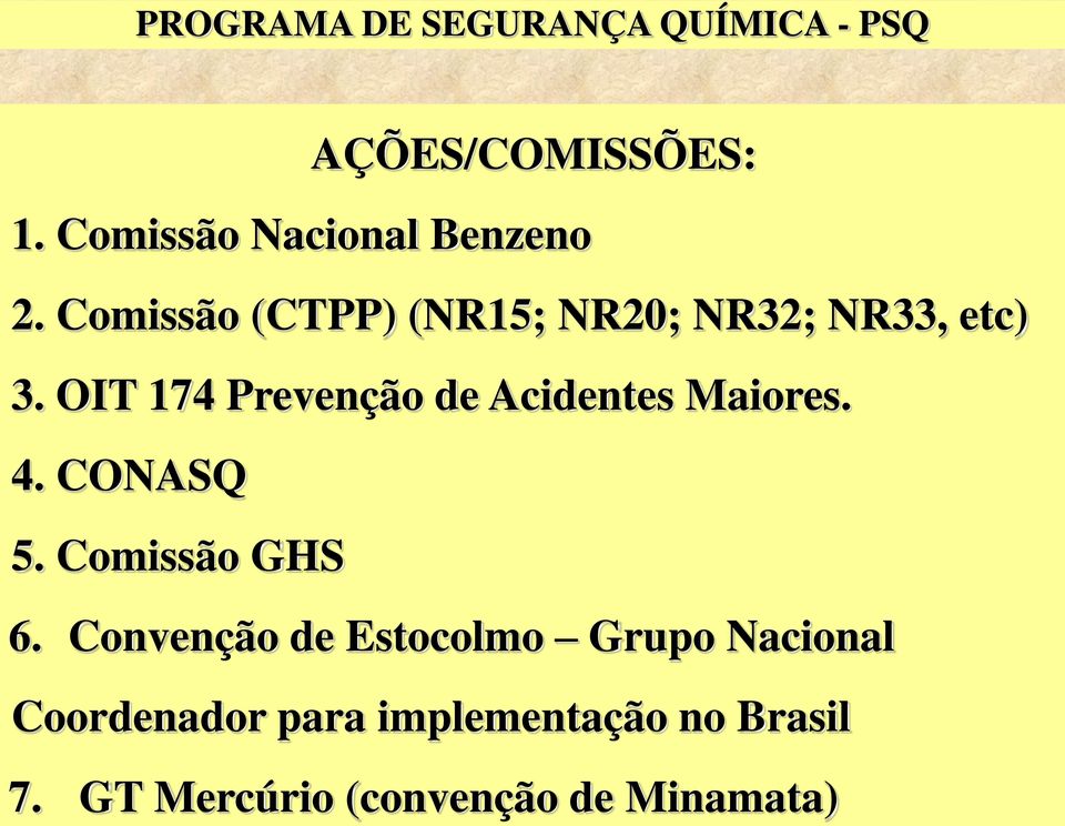 OIT 174 Prevenção de Acidentes Maiores. 4. CONASQ 5. Comissão GHS 6.