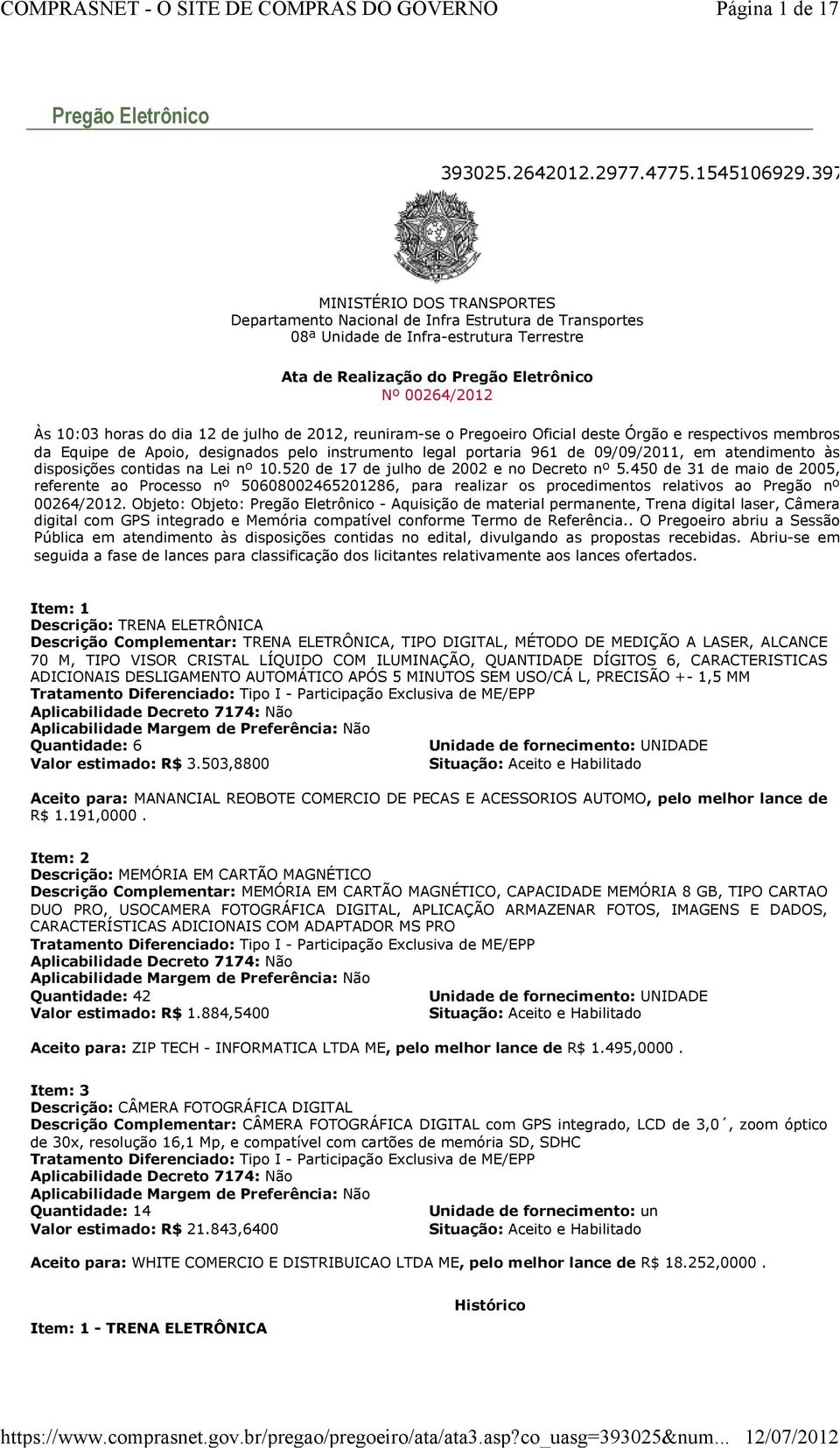 dia 12 de julho de 2012, reuniram-se o Pregoeiro Oficial deste Órgão e respectivos membros da Equipe de Apoio, designados pelo instrumento legal portaria 961 de 09/09/2011, em atendimento às