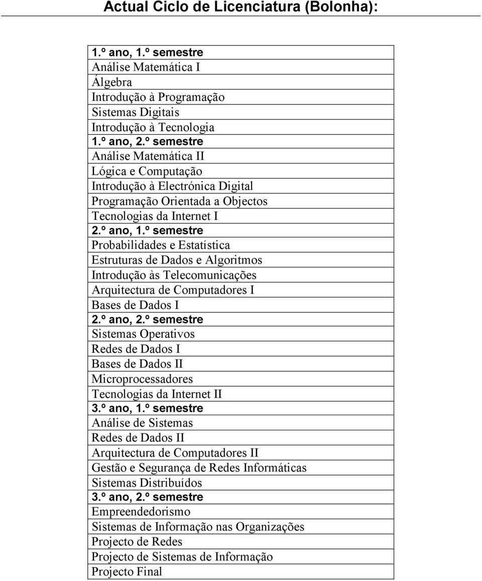 º semestre Probabilidades e Estatística Estruturas de Dados e Algoritmos Introdução às Telecomunicações Arquitectura de Computadores I Bases de Dados I 2.º ano, 2.