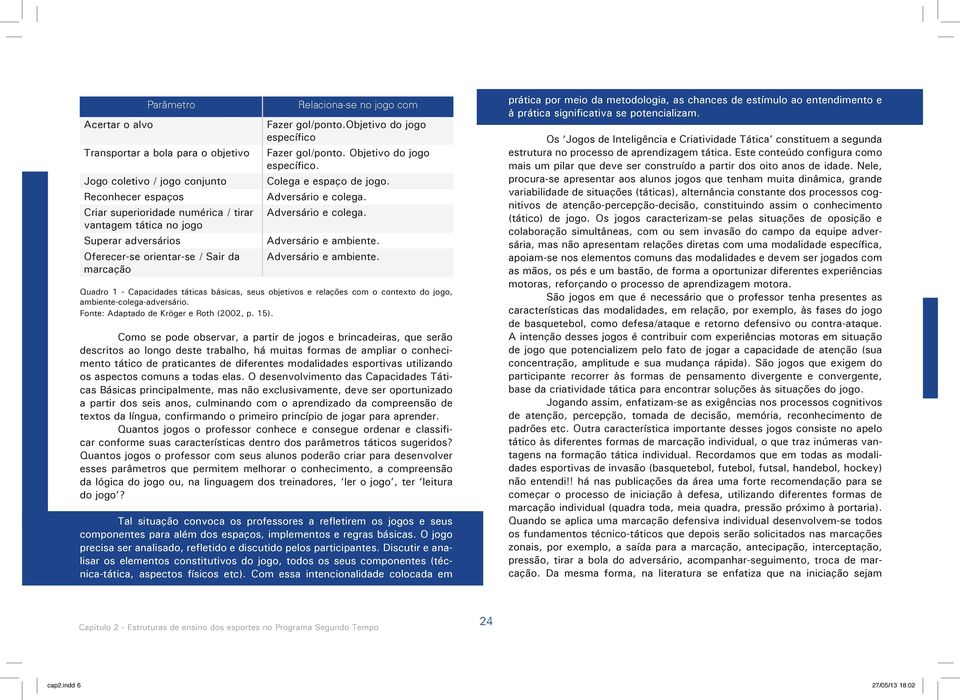 Adversário e colega. Adversário e colega. Adversário e ambiente. Adversário e ambiente. Quadro 1 - Capacidades táticas básicas, seus objetivos e relações com o contexto do jogo, ambiente-colega-adversário.