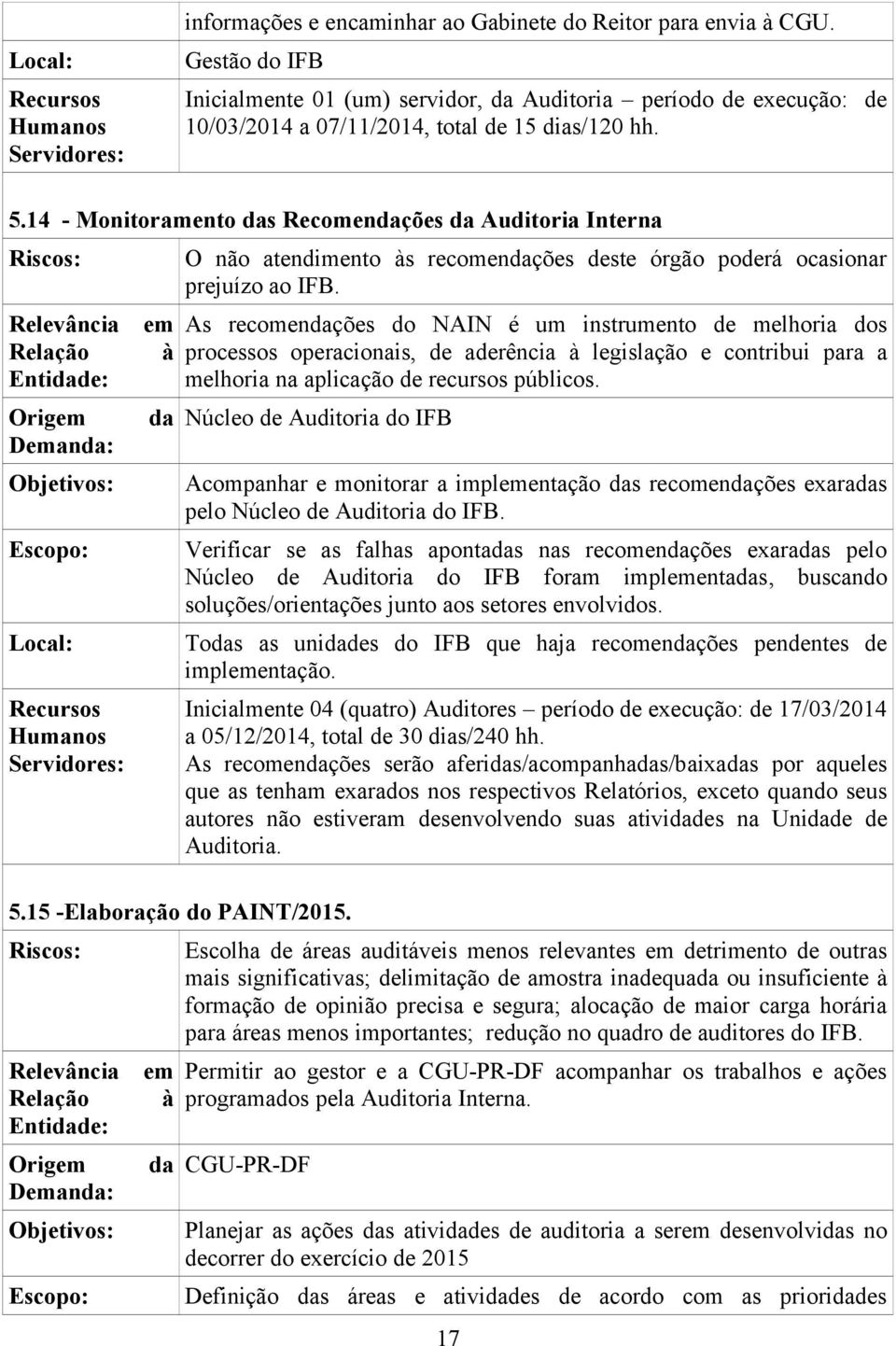 de melhoria dos processos operacionais, de aderência à legislação e contribui para a melhoria na aplicação de recursos públicos. 5.15 -Elaboração do PAINT/2015.