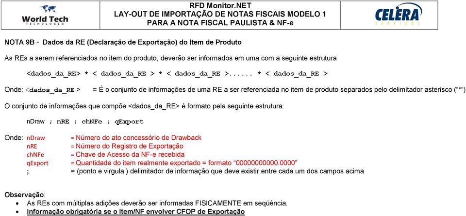 .. * < dados_da_re > Onde: <dados_da_re > = É o conjunto de informações de uma RE a ser referenciada no item de produto separados pelo delimitador asterisco ( * ) O conjunto de informações que compõe