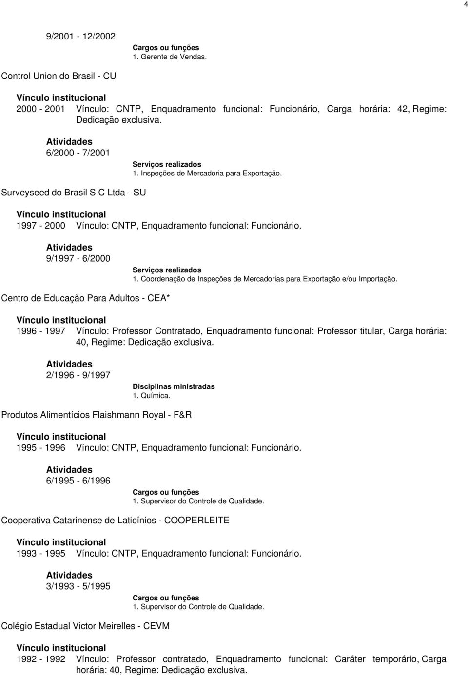 9/1997-6/2000 Serviços realizados 1. Coordenação de Inspeções de Mercadorias para Exportação e/ou Importação.