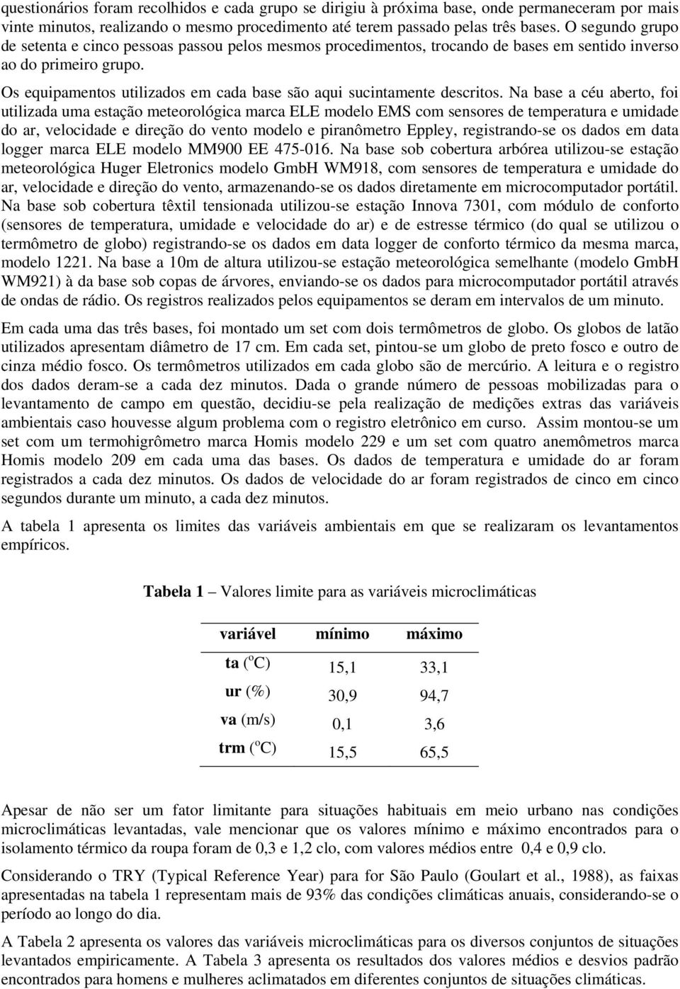 Os equipamentos utilizados em cada base são aqui sucintamente descritos.