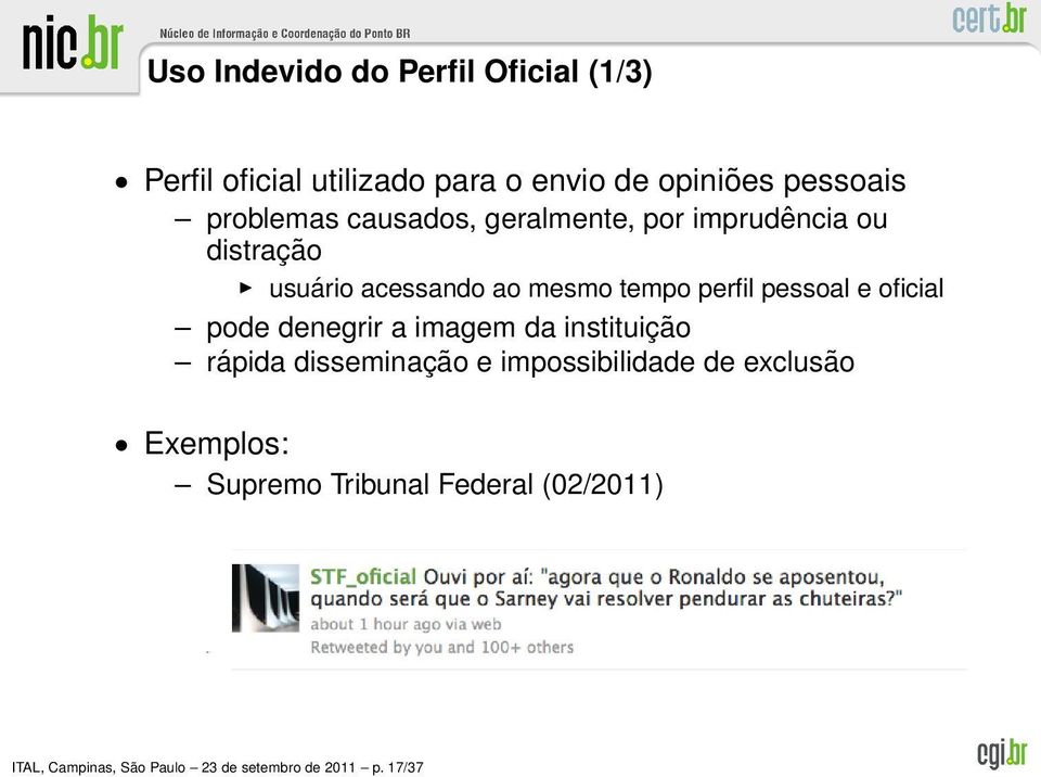 pessoal e oficial pode denegrir a imagem da instituição rápida disseminação e impossibilidade de