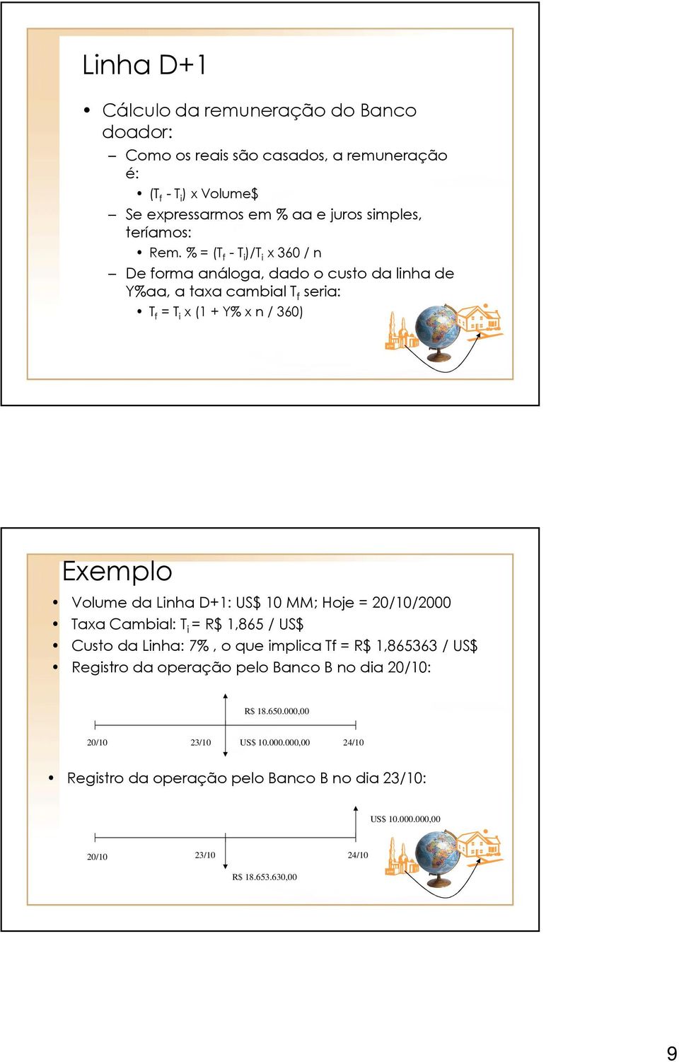 % = (T f - T i )/T i x 360 / n De forma análoga, dado o custo da linha de Y%aa, a taxa cambial T f seria: T f = T i x (1 + Y% x n / 360) Exemplo Volume da Linha D+1: