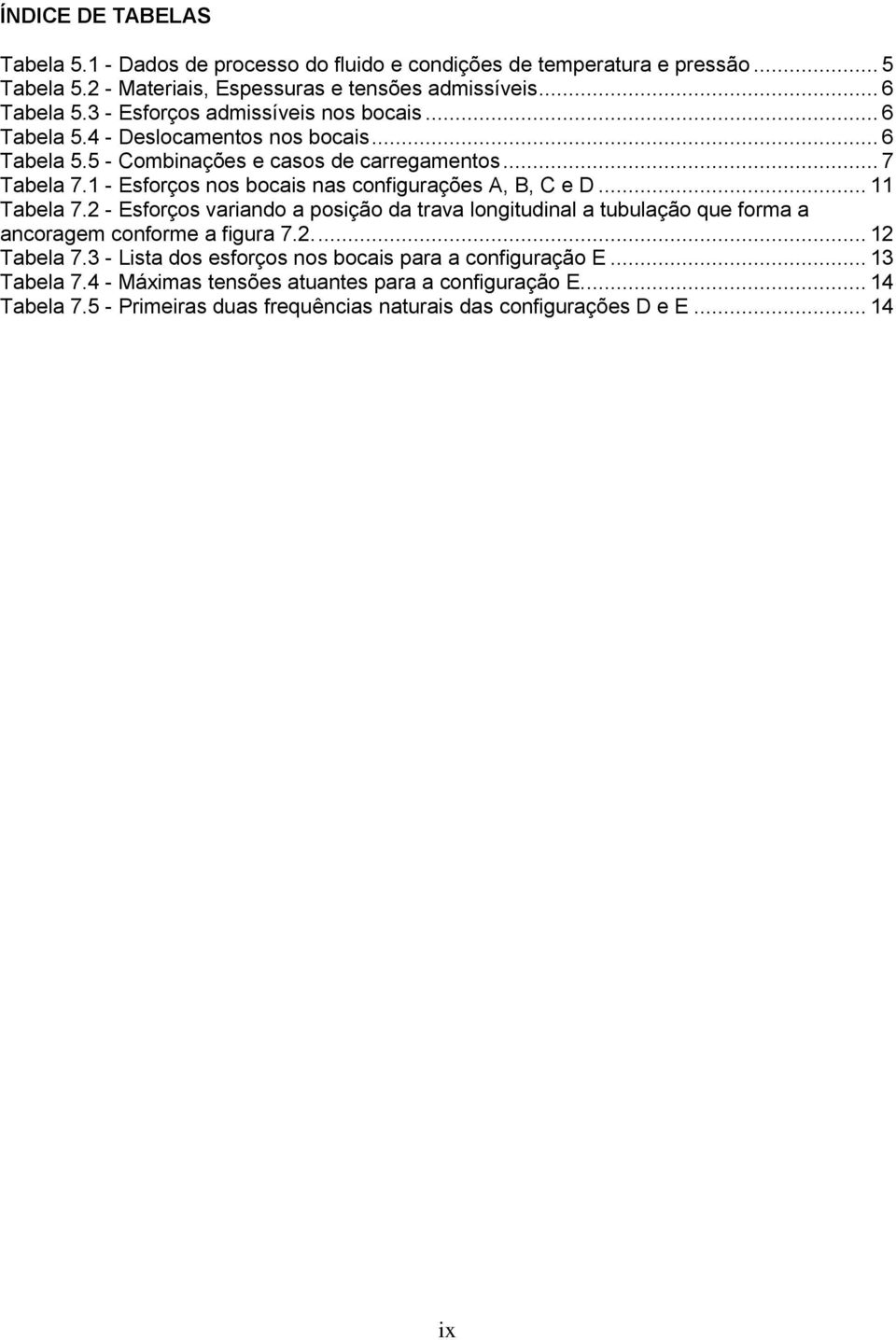 1 - Esforços nos bocais nas configurações A, B, C e D... 11 Tabela 7.2 - Esforços variando a posição da trava longitudinal a tubulação que forma a ancoragem conforme a figura 7.2.... 12 Tabela 7.