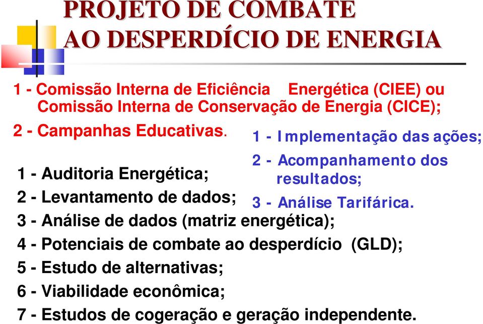 1 - Implementação das ações; 2 - Acompanhamento dos 1 - Auditoria Energética; resultados; 2 - Levantamento de dados; 3 -