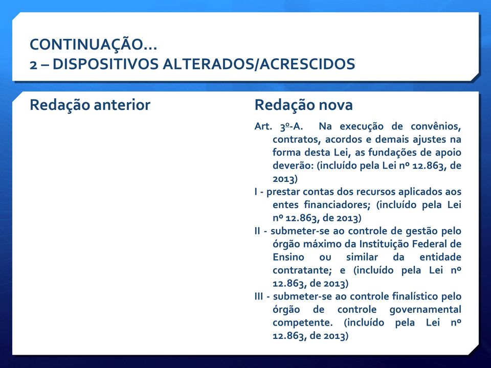 863, de 2013) I - prestar contas dos recursos aplicados aos entes financiadores; (incluído pela Lei nº 12.