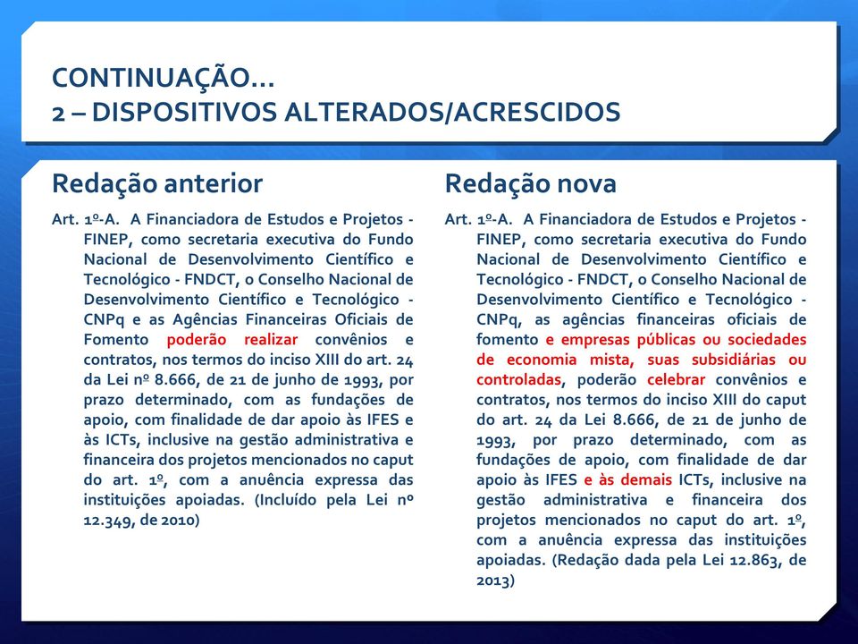 Tecnológico - CNPq e as Agências Financeiras Oficiais de Fomento poderão realizar convênios e contratos, nos termos do inciso XIII do art. 24 da Lei n o 8.