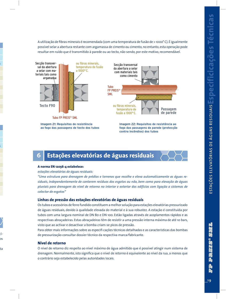 motivo, recomendável. Secção transversal da abertura a selar com materiais tais como argamassa 6 Tecto F90 Tubo FP PREIS SML ou fibras minerais, temperatura de fusão a 1000 C.