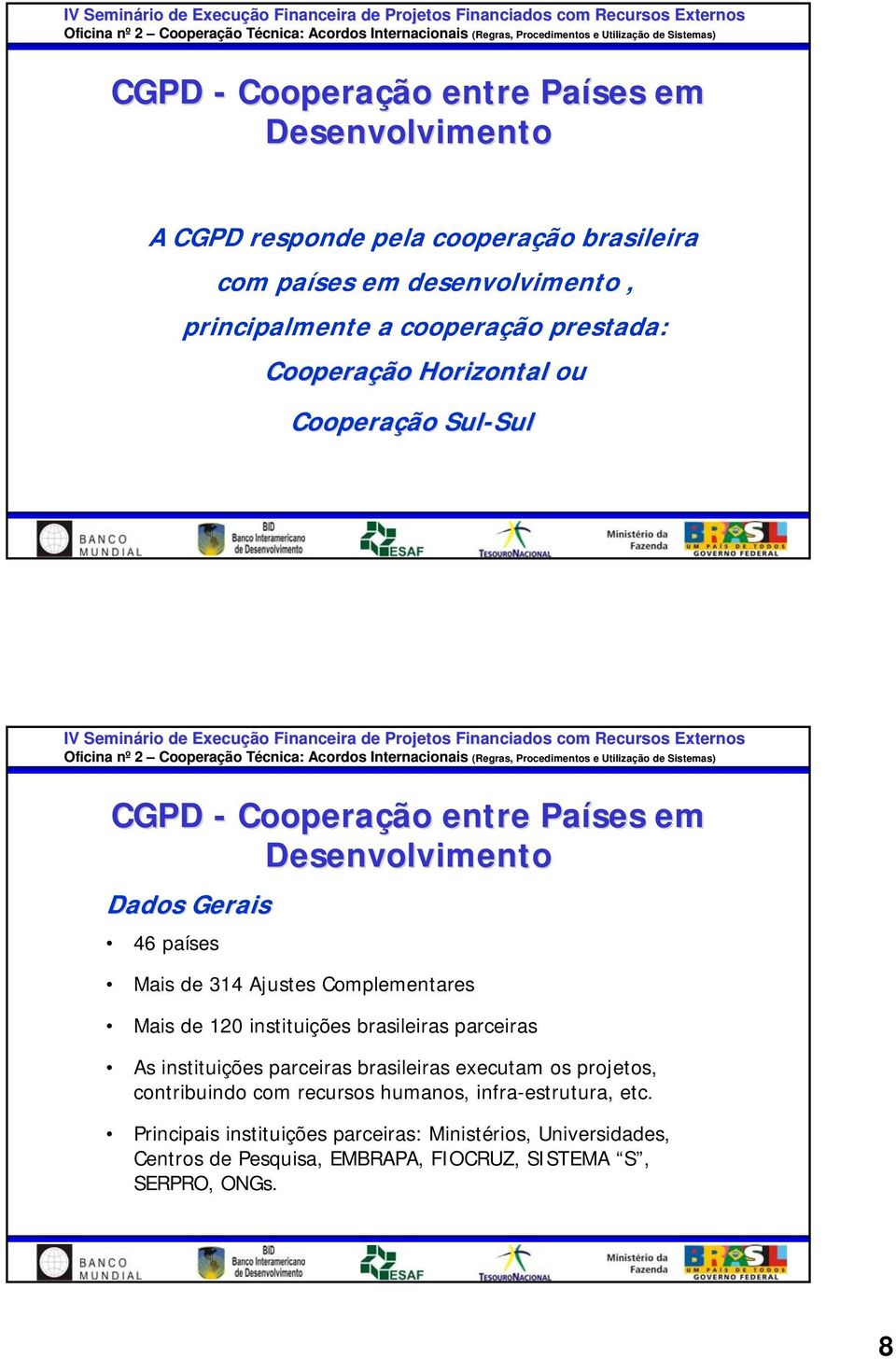 Complementares Mais de 120 instituições brasileiras parceiras As instituições parceiras brasileiras executam os projetos, contribuindo com recursos