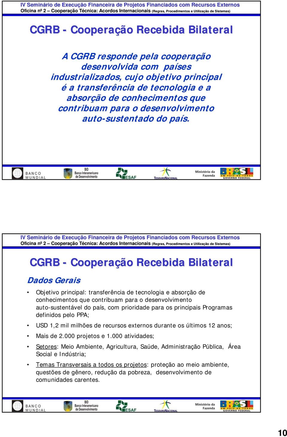 CGRB - Cooperação Recebida Bilateral Dados Gerais Objetivo principal: transferência de tecnologia e absorção de conhecimentos que contribuam para o desenvolvimento auto-sustentável do país, com