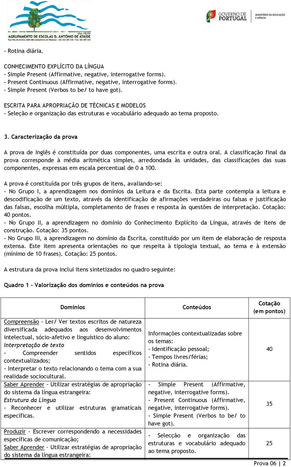 Caracterização da prova A prova de Inglês é constituída por duas componentes, uma escrita e outra oral.