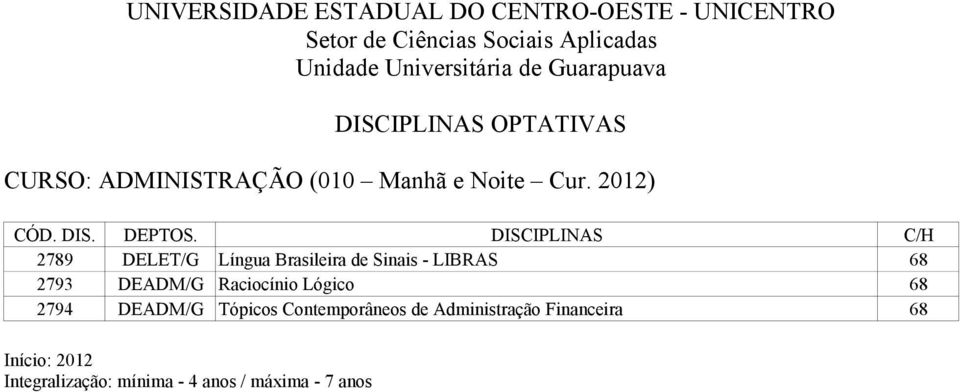 DISCIPLINAS C/H 2789 DELET/G Língua Brasileira de Sinais - LIBRAS 68 2793 DEADM/G