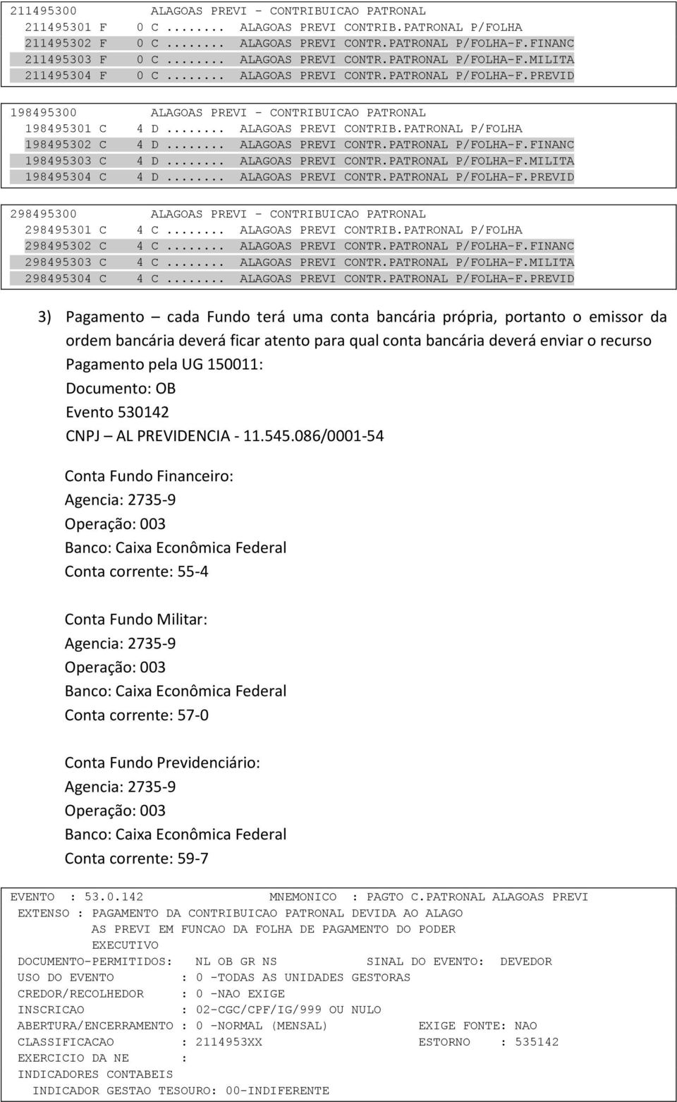 .. ALAGOAS PREVI CONTRIB.PATRONAL P/FOLHA 198495302 C 4 D... ALAGOAS PREVI CONTR.PATRONAL P/FOLHA-F.FINANC 198495303 C 4 D... ALAGOAS PREVI CONTR.PATRONAL P/FOLHA-F.MILITA 198495304 C 4 D.