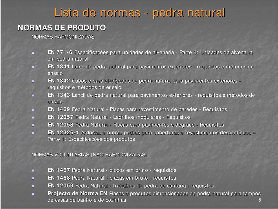 Lancil de pedra natural para pavimentos exteriores - requisitos e métodos m de ensaio EN 1469 Pedra Natural - Placas para revestimento de paredes - Requisitos EN 12057 Pedra Natural - Ladrilhos