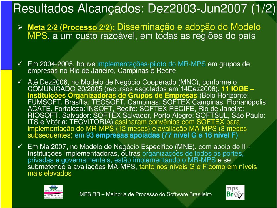 Instituições Organizadoras de Grupos de Empresas (Belo Horizonte: FUMSOFT, Brasília: TECSOFT, Campinas: SOFTEX Campinas, Florianópolis: ACATE, Fortaleza: INSOFT, Recife: SOFTEX RECIFE, Rio de