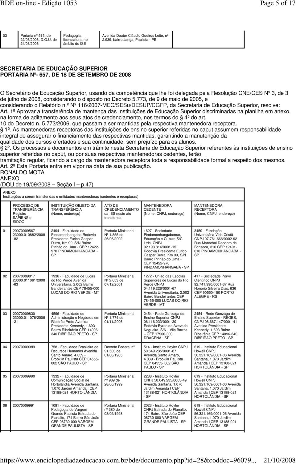 Resolução CNE/CES Nº 3, de 3 de julho de 2008, considerando o disposto no Decreto 5.773, de 9 de maio de 2005, e considerando o Relatório n.