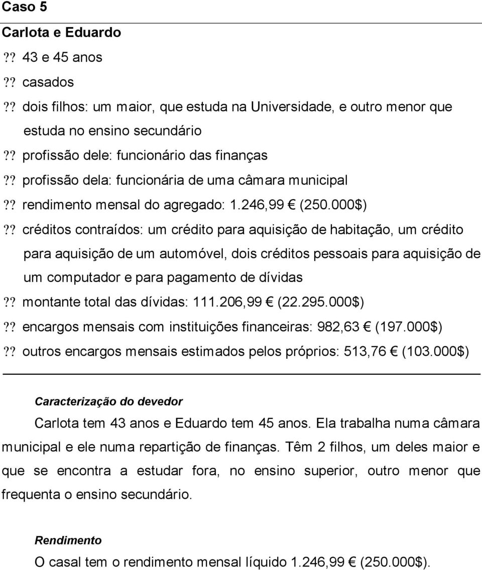 ? créditos contraídos: um crédito para aquisição de habitação, um crédito para aquisição de um automóvel, dois créditos pessoais para aquisição de um computador e para pagamento de dívidas?