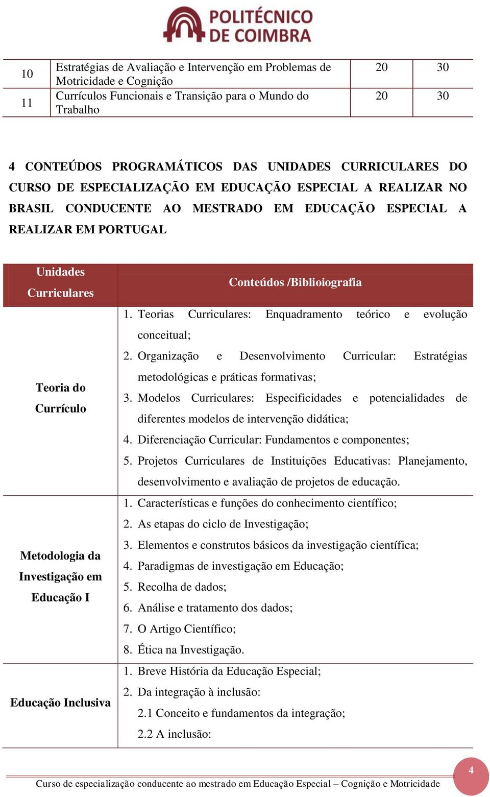 Metodologia da Investigação em Educação I Educação Inclusiva Conteúdos /Biblioiografia 1. Teorias Curriculares: Enquadramento teórico e evolução conceitual; 2.