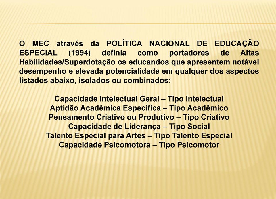 combinados: Capacidade Intelectual Geral Tipo Intelectual Aptidão Acadêmica Específica Tipo Acadêmico Pensamento Criativo ou