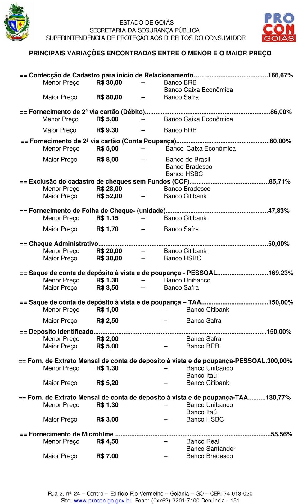 ..86,00% Menor Preço R$ 5,00 Banco Caixa Econômica Maior Preço R$ 9,30 Banco BRB == Fornecimento de 2ª via cartão (Conta Poupança).