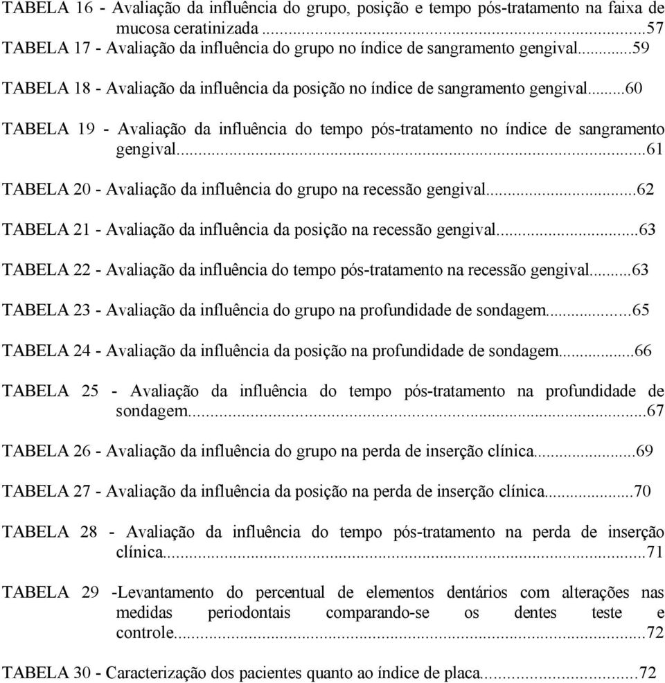 ..61 TABELA 20 - Avaliação da influência do grupo na recessão gengival...62 TABELA 21 - Avaliação da influência da posição na recessão gengival.