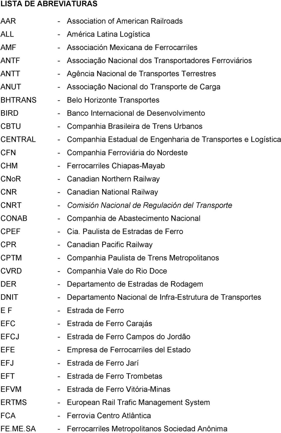 Brasileira de Trens Urbanos CENTRAL - Companhia Estadual de Engenharia de Transportes e Logística CFN - Companhia Ferroviária do Nordeste CHM - Ferrocarriles Chiapas-Mayab CNoR - Canadian Northern