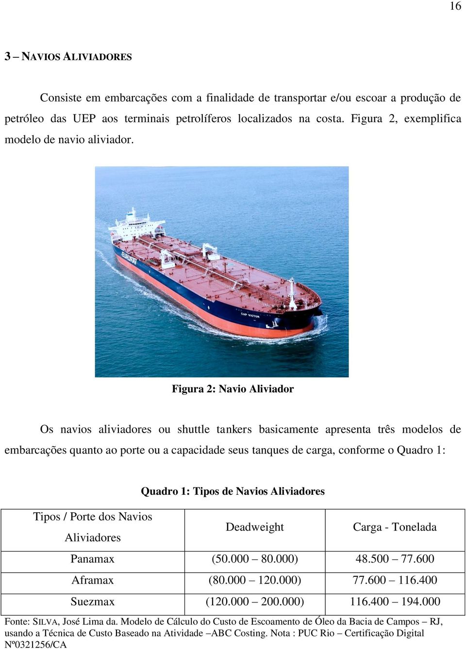 Figura 2: Navio Aliviador Os navios aliviadores ou shuttle tankers basicamente apresenta três modelos de embarcações quanto ao porte ou a capacidade seus tanques de carga, conforme o Quadro 1: Tipos