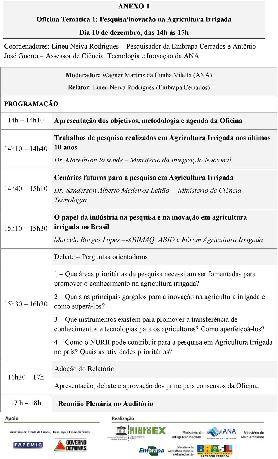 15h10 15h30 Apresentação dos objetivos, metodologia e agenda da Oficina Trabalhos de pesquisa realizados em Agricultura Irrigada nos últimos 10 anos Dr.