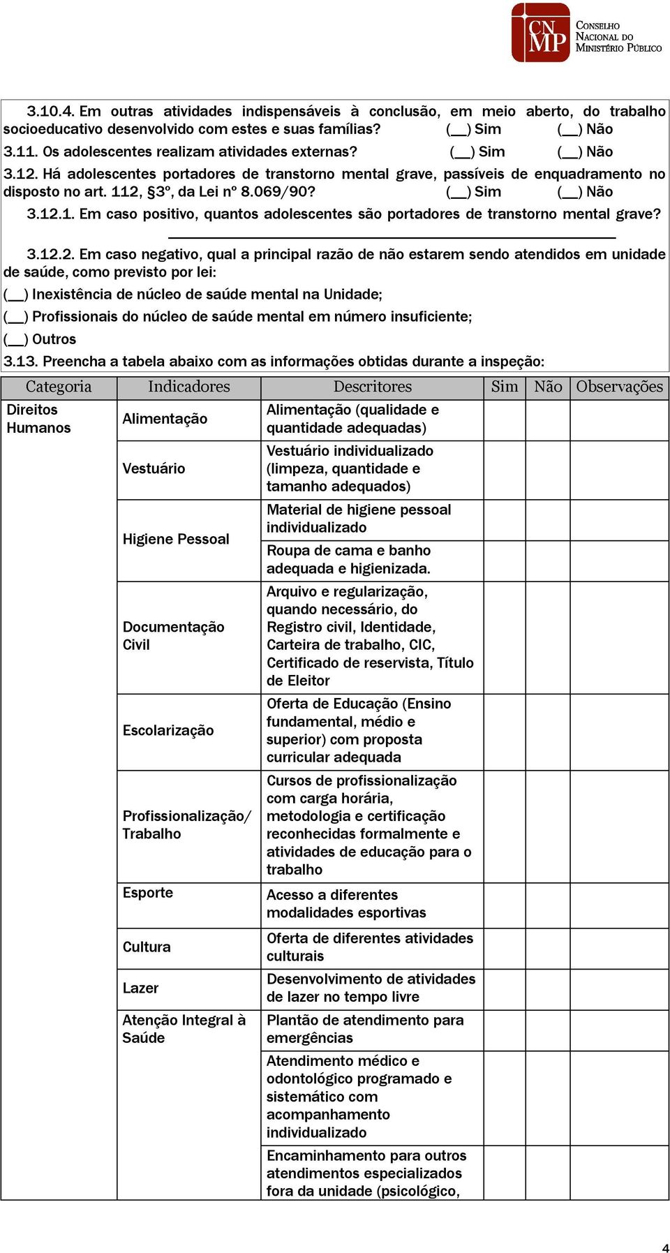 3.12.2. Em caso negativo, qual a principal razão de não estarem sendo atendidos em unidade de saúde, como previsto por lei: ( ) Inexistência de núcleo de saúde mental na Unidade; ( ) Profissionais do