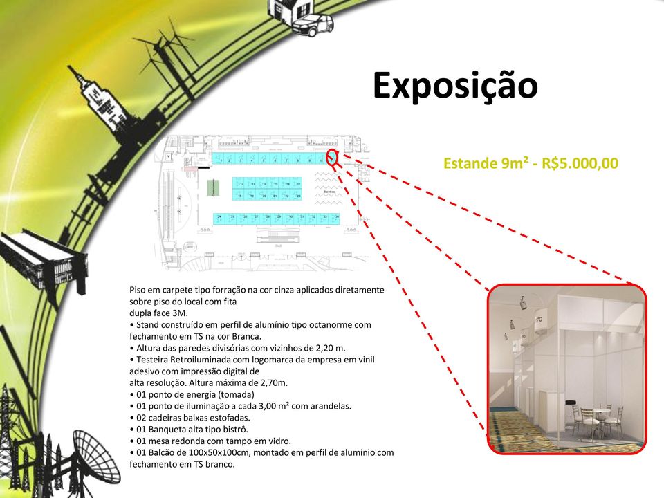 Testeira Retroiluminada com logomarca da empresa em vinil adesivo com impressão digital de alta resolução. Altura máxima de 2,70m.