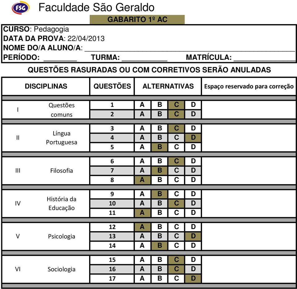 II 3 A B C D Língua Portuguesa III Filosofia 8 A B C D IV