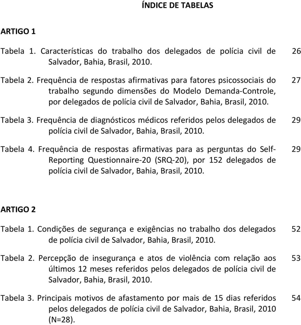 Frequência de diagnósticos médicos referidos pelos delegados de polícia civil de Salvador, Bahia, Brasil, 2010. Tabela 4.