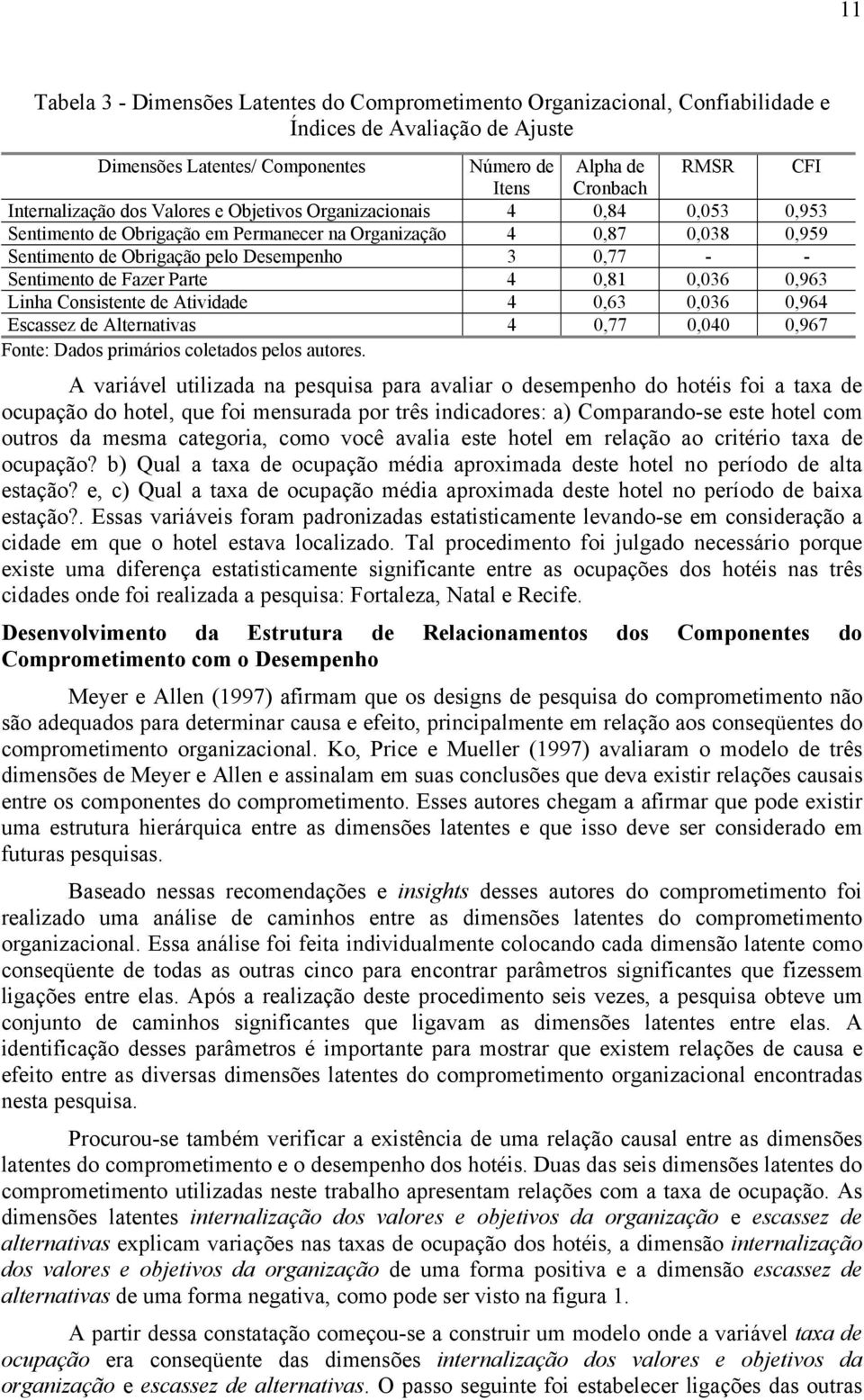 Sentimento de Fazer Parte 4 0,81 0,036 0,963 Linha Consistente de Atividade 4 0,63 0,036 0,964 Escassez de Alternativas 4 0,77 0,040 0,967 Fonte: Dados primários coletados pelos autores.