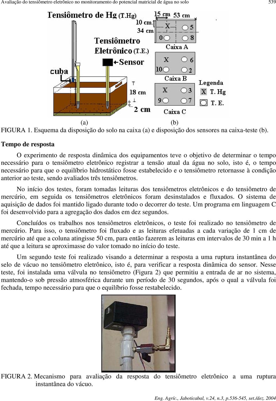 Tempo de resposta O experimento de resposta dinâmica dos equipamentos teve o objetivo de determinar o tempo necessário para o tensiômetro eletrônico registrar a tensão atual da água no solo, isto é,