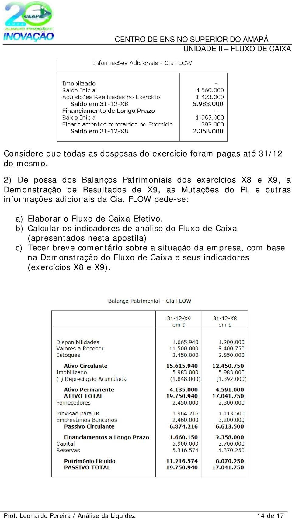 adicionais da Cia. FLOW pede-se: a) Elaborar o Fluxo de Caixa Efetivo.