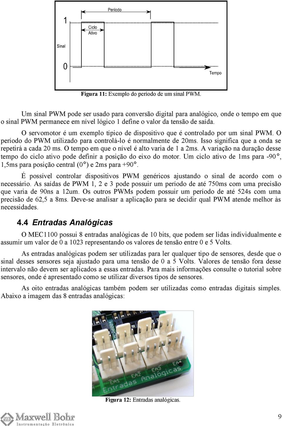 O servomotor é um exemplo típico de dispositivo que é controlado por um sinal PWM. O período do PWM utilizado para controlálo é normalmente de 20ms. Isso significa que a onda se repetirá a cada 20 ms.