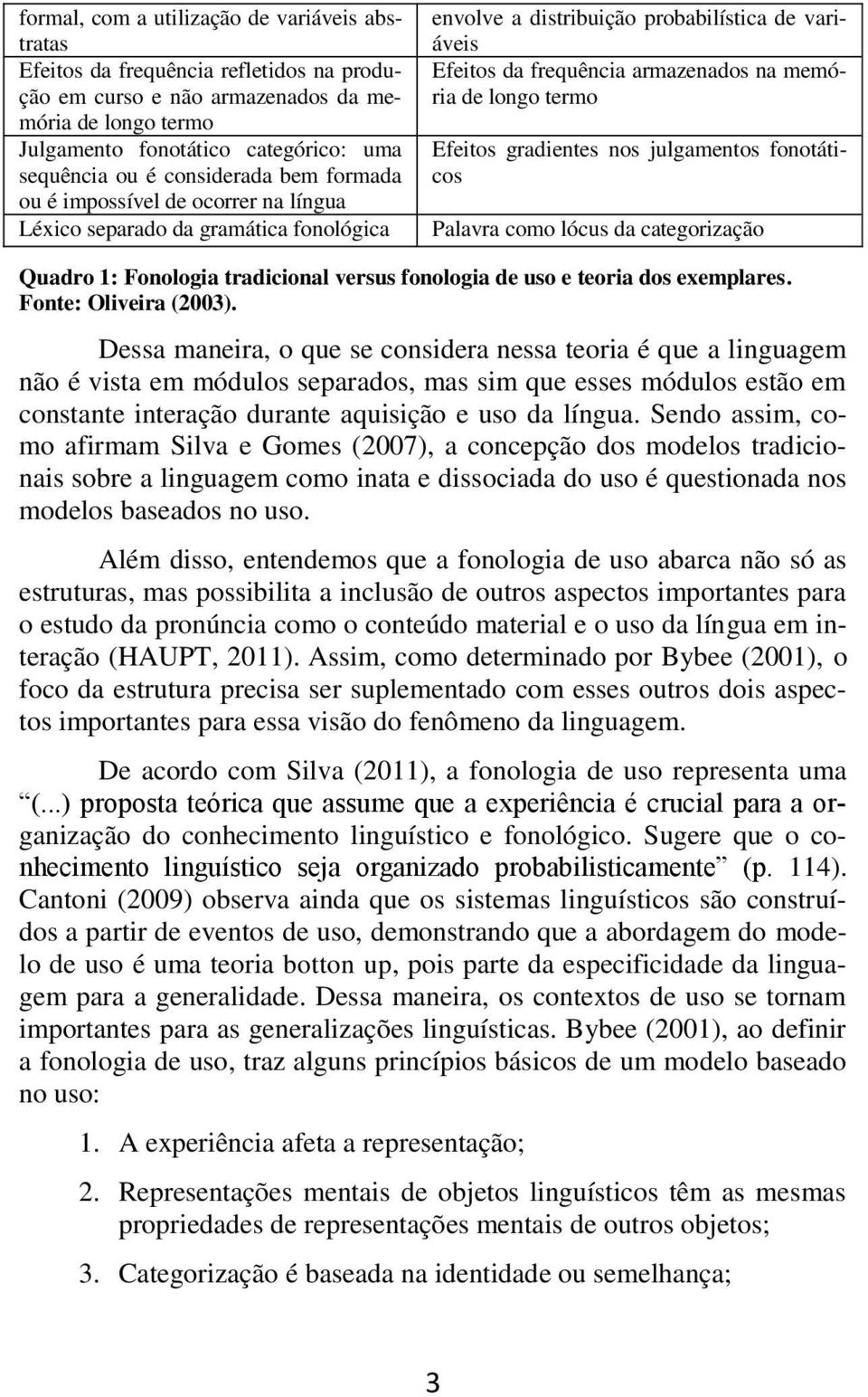 longo termo Efeitos gradientes nos julgamentos fonotáticos Palavra como lócus da categorização Quadro 1: Fonologia tradicional versus fonologia de uso e teoria dos exemplares. Fonte: Oliveira (2003).