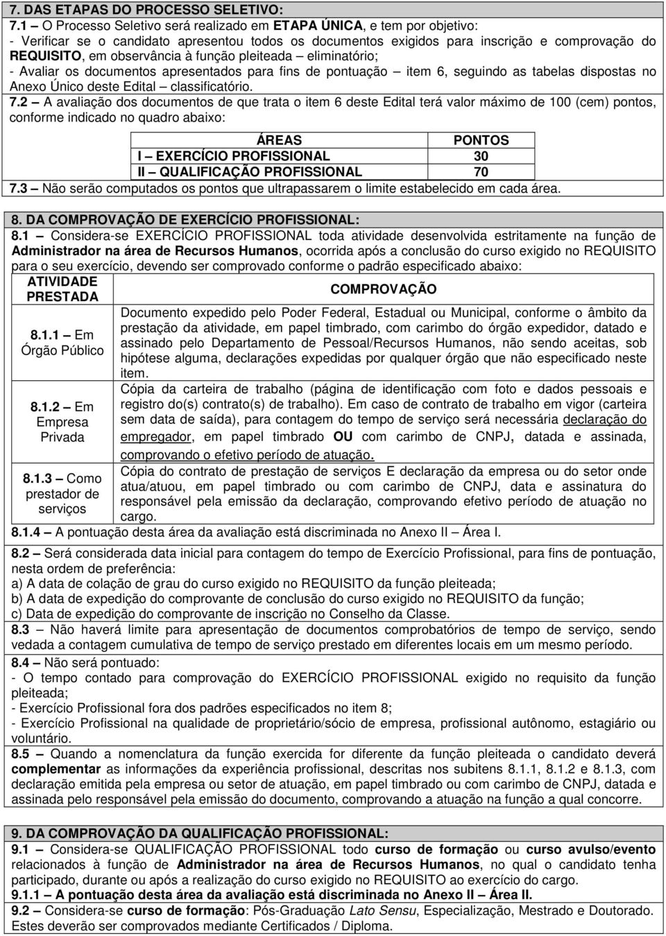 função pleiteada eliminatório; - Avaliar os documentos apresentados para fins de pontuação item 6, seguindo as tabelas dispostas no Anexo Único deste Edital classificatório. 7.