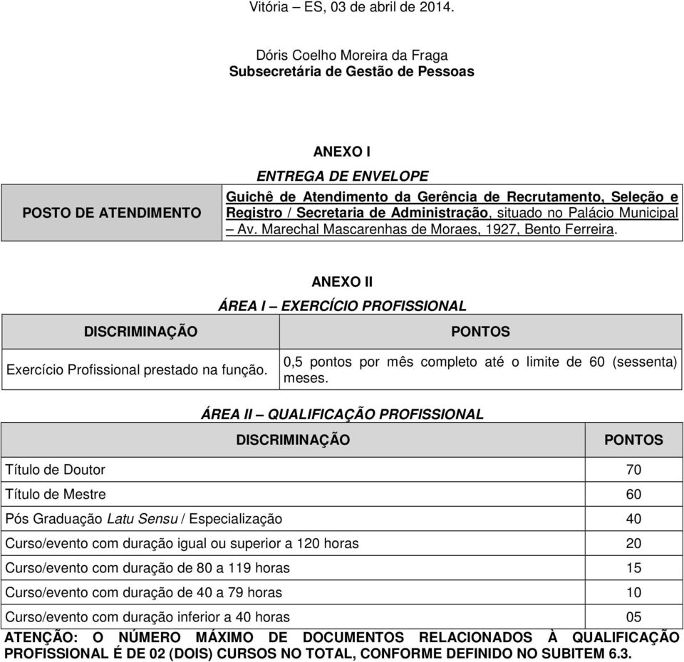 Administração, situado no Palácio Municipal Av. Marechal Mascarenhas de Moraes, 1927, Bento Ferreira. ANEXO II ÁREA I EXERCÍCIO PROFISSIONAL DISCRIMINAÇÃO Exercício Profissional prestado na função.