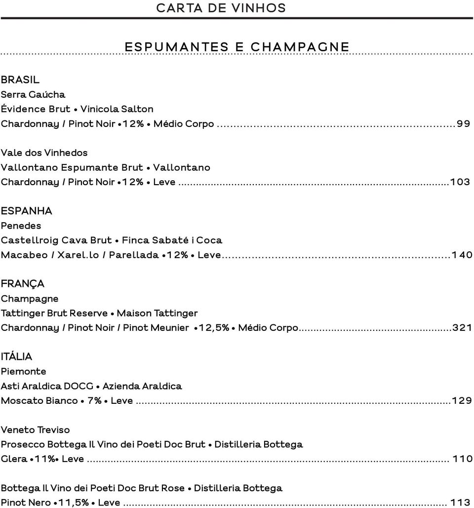 lo / Parellada 12% Leve...140 FRANÇA Champagne Tattinger Brut Reserve Maison Tattinger Chardonnay / Pinot Noir / Pinot Meunier 12,5% Médio Corpo.