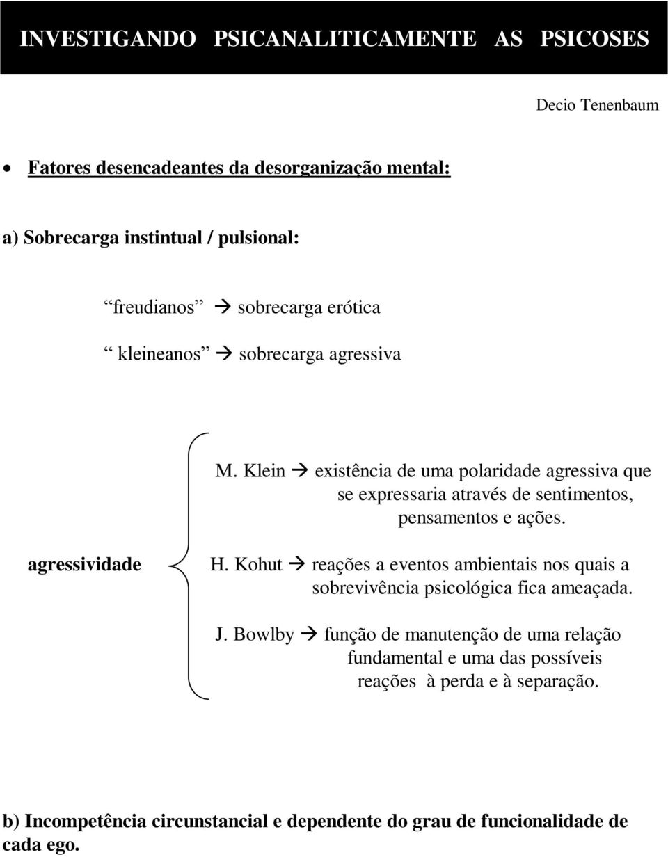 Kohut reações a eventos ambientais nos quais a sobrevivência psicológica fica ameaçada. J.