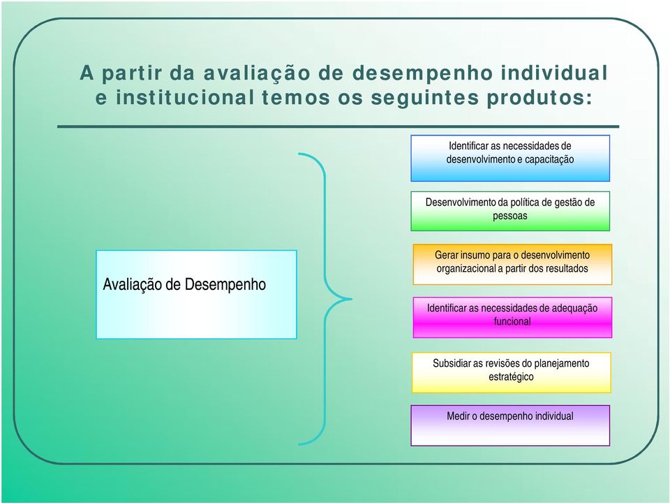 Desempenho Gerar insumo para o desenvolvimento organizacional a partir dos resultados Identificar as