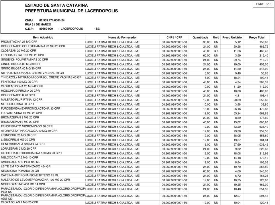 FUROSEMIDA+EXPIRONOLACTONA 30 FLUVASTATINA 40 MG 28 BROMAZEPAN 3 MG 20 BROMAZEPAN 6 MG 20 FENOFIBRATO MICRONIZADO 30 ATORVASTATINA CALCICA 10 MG 30 LISINOPRIL 20 MG 30 LISINOPRIL 5 MG 30 GENFOBROZILA