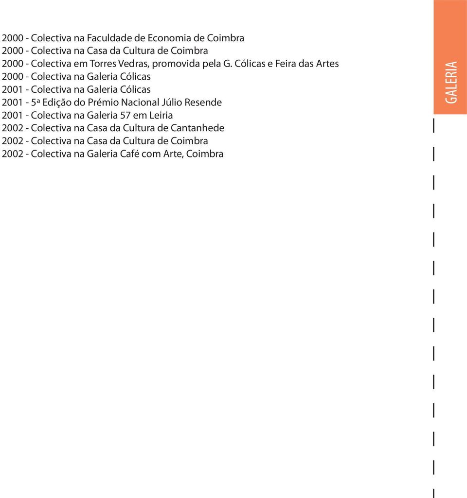 Cólicas e Feira das Artes 2000 - Colectiva na Galeria Cólicas 2001 - Colectiva na Galeria Cólicas 2001-5ª Edição do Prémio